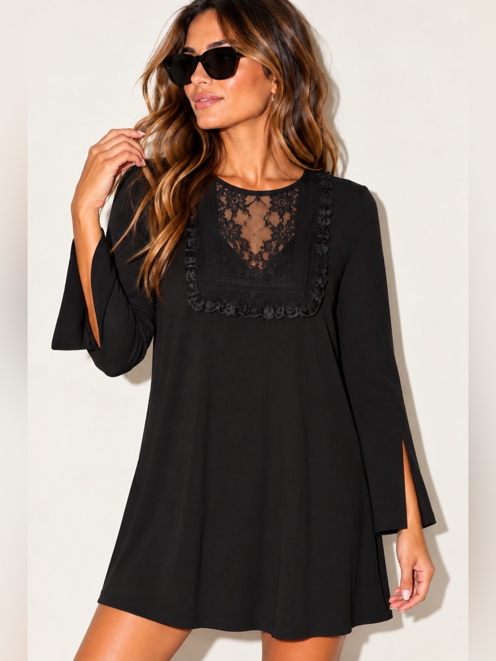Free People Black Lace Bib Long Sleeve Mini Dress